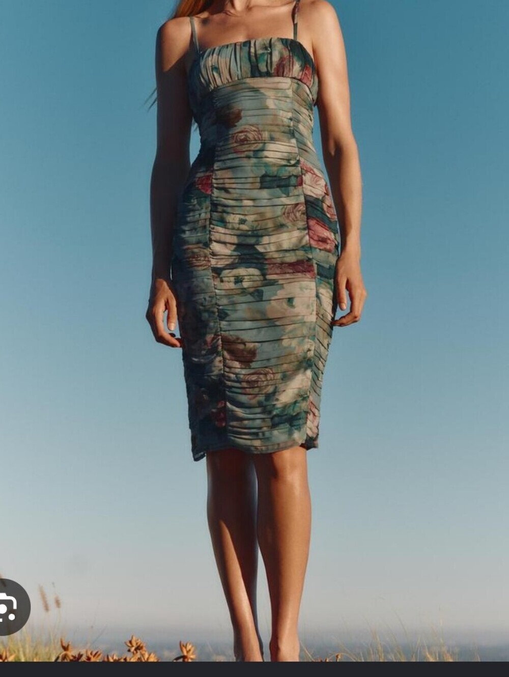 Zara Blue-Green Floral Ruched Midi Dress